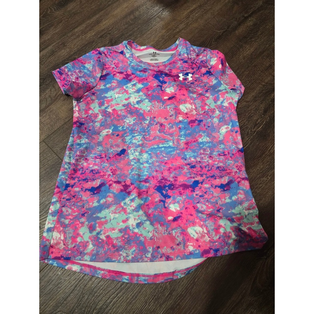 Under Armour Girls YXL Pink Blue Tie Dye HeatGear Loose Fit Short Sleeve Shirt